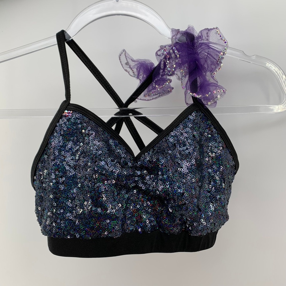 Black Sequin Dance Bra Top w/ Strappy Back & Matching Scrunchie Youth MC